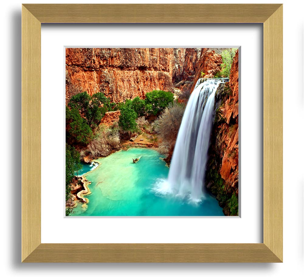 Arizona Waterfalls Square Framed Print showcasing vibrant waterfall scenery, framed in a stylish color, ready to hang.