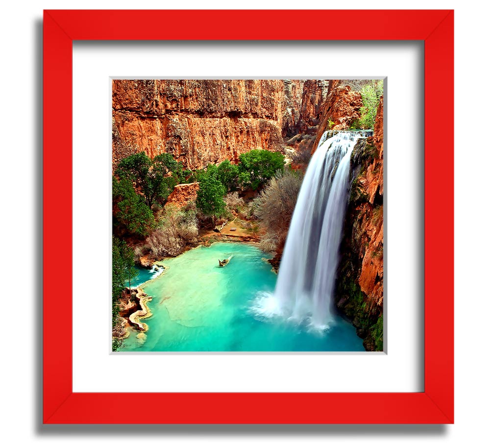 Arizona Waterfalls Square Framed Print showcasing vibrant waterfall scenery, framed in a stylish color, ready to hang.