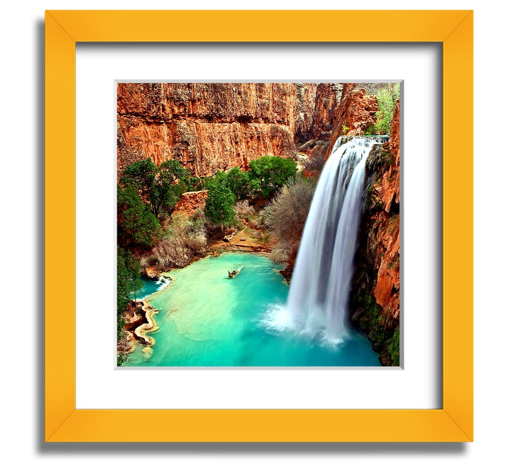 Arizona Waterfalls Square Framed Print showcasing vibrant waterfall scenery, framed in a stylish color, ready to hang.