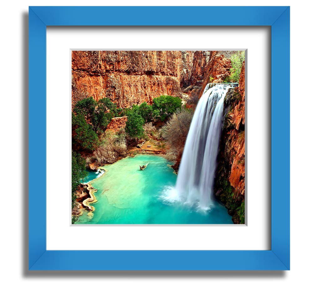 Arizona Waterfalls Square Framed Print showcasing vibrant waterfall scenery, framed in a stylish color, ready to hang.