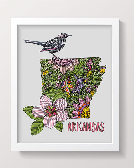 Arkansas State Map art print featuring the Northern mockingbird and Apple Blossom, designed in pen and ink with digital coloring.