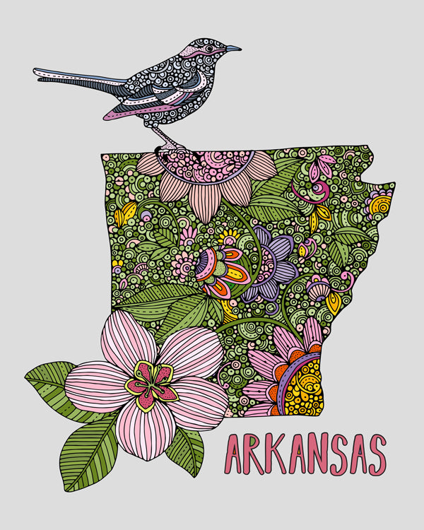 Arkansas State Map art print featuring the Northern mockingbird and Apple Blossom, designed in pen and ink with digital coloring.