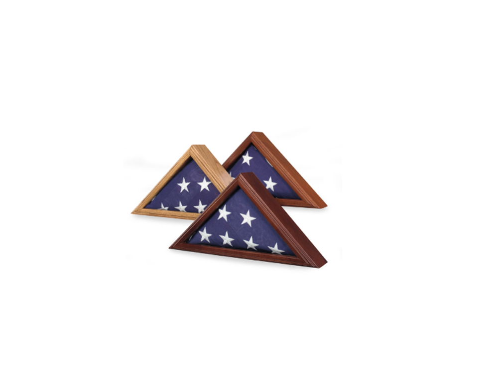 Armed Forces Flag Case displaying a 4' x 6' flag, featuring a glass front and available in cherry, walnut, or oak finishes.