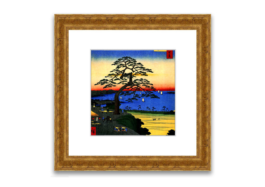 Framed print of Armor Hanging Pine by Hiroshige, showcasing intricate details and vibrant colors, ready to hang.