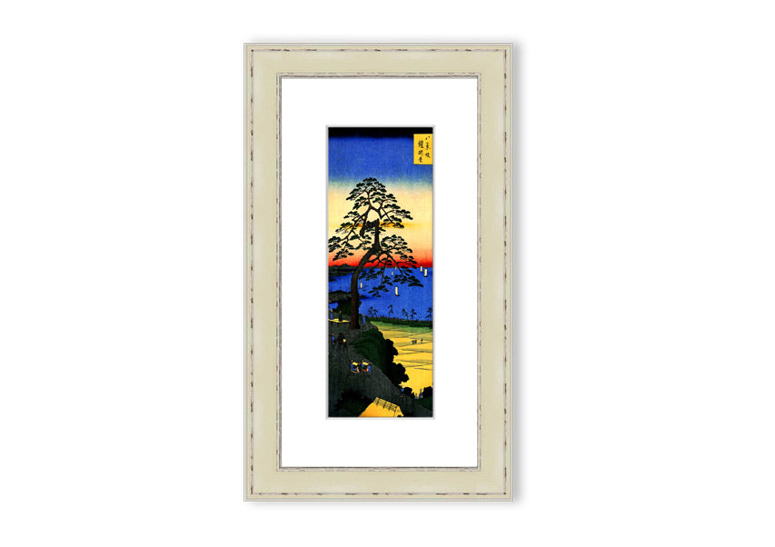 Framed print of Armor Hanging Pine by Hiroshige, showcasing intricate details and vibrant colors, ready to hang.