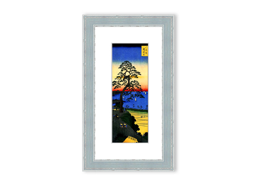 Framed print of Armor Hanging Pine by Hiroshige, showcasing intricate details and vibrant colors, ready to hang.