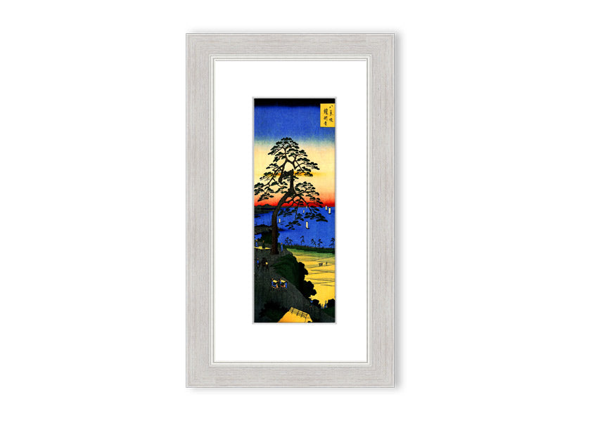 Framed print of Armor Hanging Pine by Hiroshige, showcasing intricate details and vibrant colors, ready to hang.