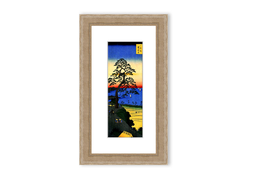 Framed print of Armor Hanging Pine by Hiroshige, showcasing intricate details and vibrant colors, ready to hang.