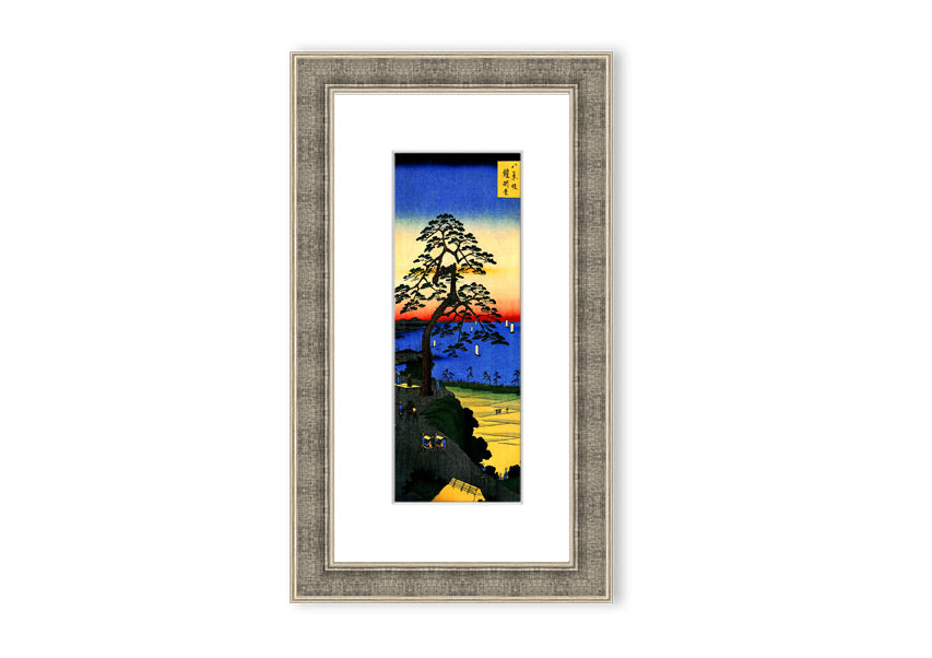 Framed print of Armor Hanging Pine by Hiroshige, showcasing intricate details and vibrant colors, ready to hang.