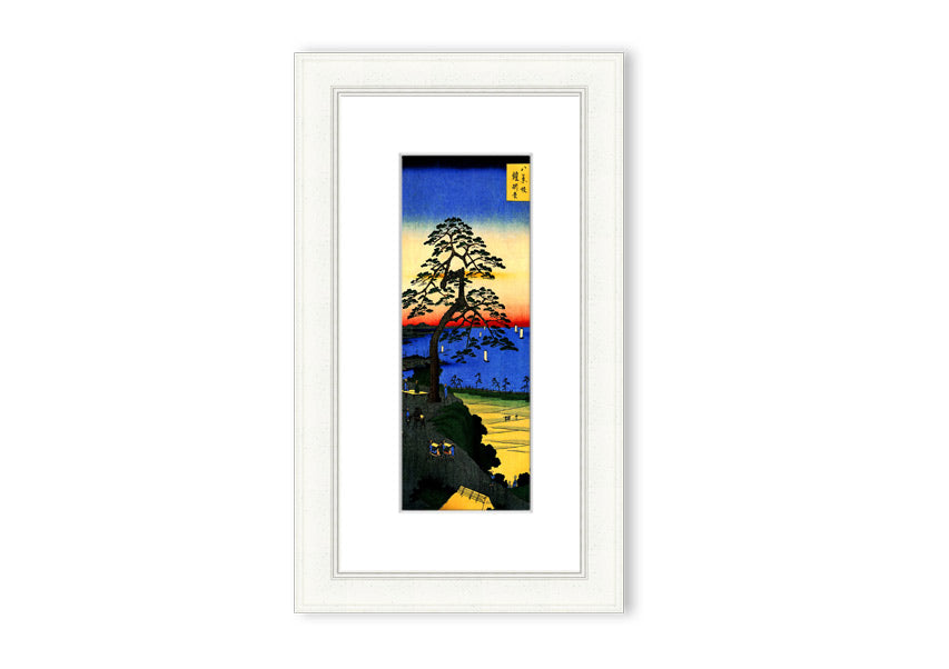 Framed print of Armor Hanging Pine by Hiroshige, showcasing intricate details and vibrant colors, ready to hang.