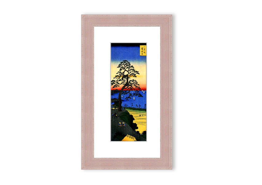 Framed print of Armor Hanging Pine by Hiroshige, showcasing intricate details and vibrant colors, ready to hang.