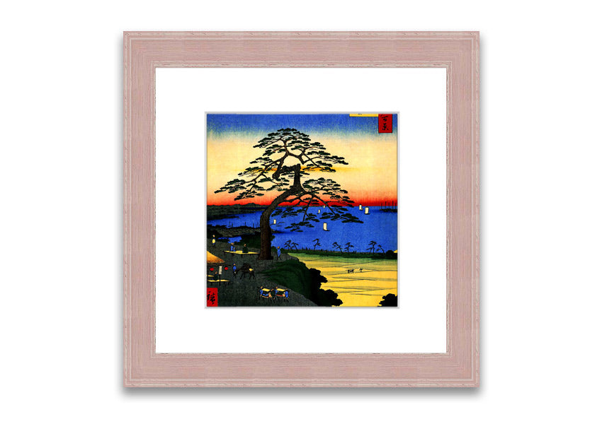 Framed print of Armor Hanging Pine by Hiroshige, showcasing intricate details and vibrant colors, ready to hang.