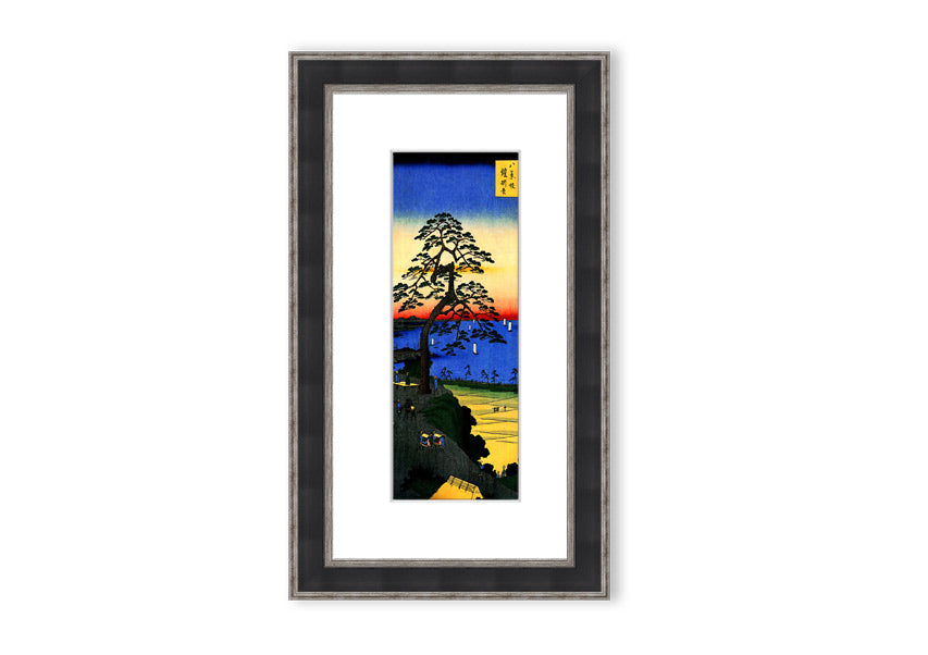 Framed print of Armor Hanging Pine by Hiroshige, showcasing intricate details and vibrant colors, ready to hang.