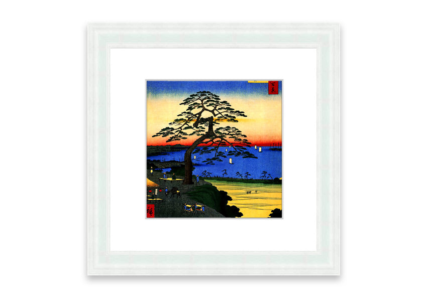 Framed print of Armor Hanging Pine by Hiroshige, showcasing intricate details and vibrant colors, ready to hang.