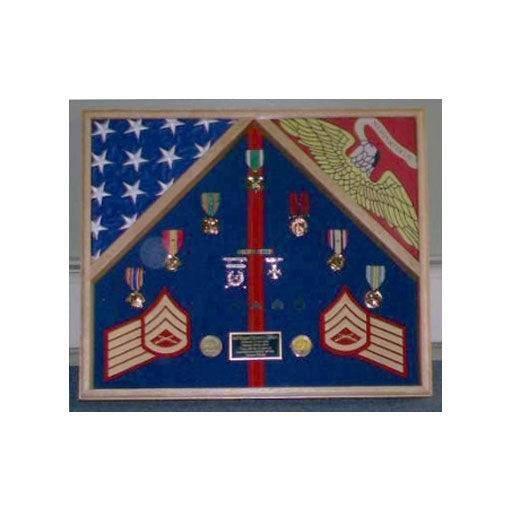 A beautifully crafted Army 2 Flag Shadow Box displaying two flags and medals, showcasing honor and respect for military service.