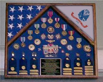 Army 2 Flag Shadow Box displaying two flags and medals, handcrafted by a veteran.