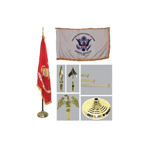 Indoor Army flag measuring 4ft x 6ft with gold fringe, displayed on a telescoping flagpole with a decorative base and tassel.