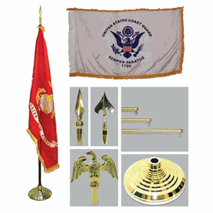 Indoor Army flag measuring 4ft x 6ft with gold fringe, displayed on a telescoping flagpole with a gold finish stand.