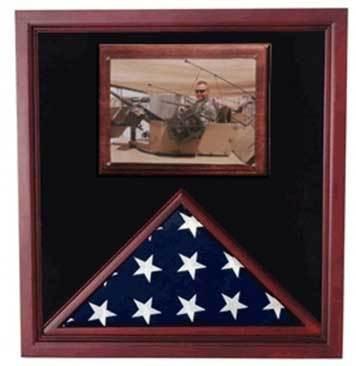 Elegant Army Air Corps Flag Shadow Case displaying a folded flag and photo, crafted from cherry wood with Plexiglass front.