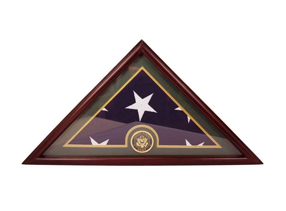 Army Flag Display Case Box with real glass front, designed for 5x9 burial flags, featuring a U.S. Army medallion.