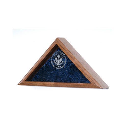 A beautifully crafted Army Flag Display Case made from solid wood, featuring a double-strength glass front and a crushed velvet background, designed to display military flags.