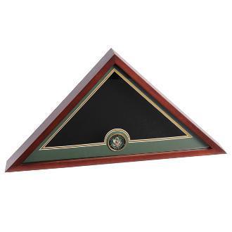 Army Flag Medallion Display Case in rich mahogany, showcasing a detailed die-cast medallion and designed for a 5'x9'6" flag.