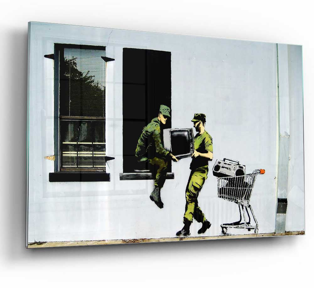 A modern Army Heist glass print featuring vibrant colors and intricate design, perfect for stylish home decor.