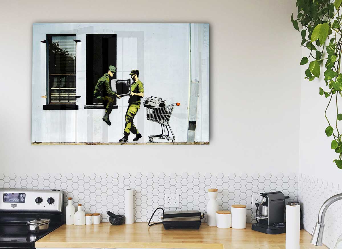 A modern Army Heist glass print featuring vibrant colors and intricate design, perfect for stylish home decor.