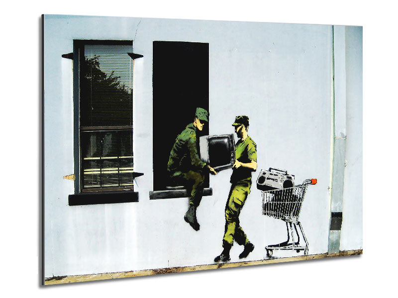 Army Heist artwork printed on brushed aluminium dibond, showcasing vibrant colors and modern design.