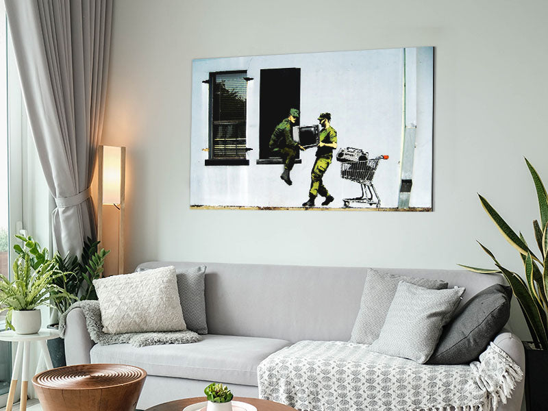 Army Heist artwork printed on brushed aluminium dibond, showcasing vibrant colors and modern design.