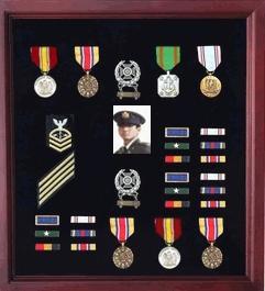 Cherry wood Army Medal Display Case showcasing medals and memorabilia with a black felt lining.