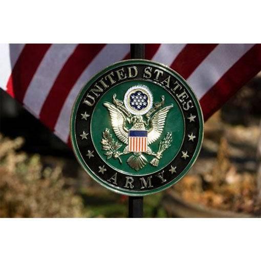 Army Veteran Service Marker featuring a gold-plated medallion and a U.S. flag, designed to honor Army veterans at gravesites.