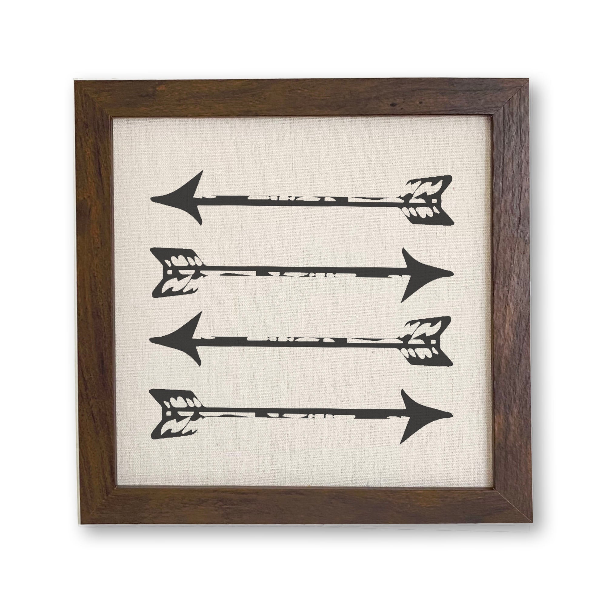 Stylized wood-framed sign featuring arrows on a linen-look background, perfect for home decor.