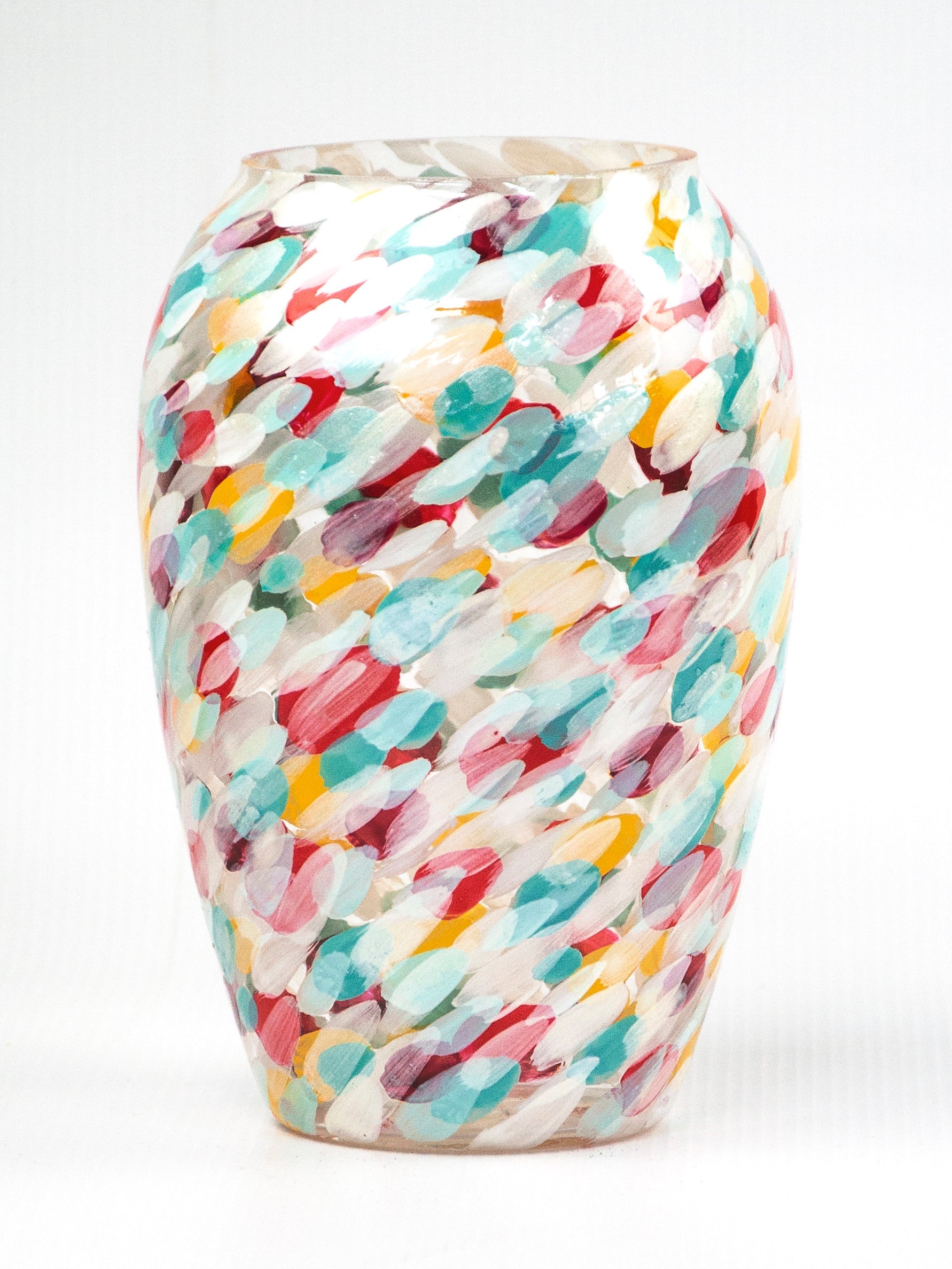 Art Decorative Glass Vase 9381/200/lk306, hand-painted with unique designs, showcasing vibrant colors and intricate patterns.