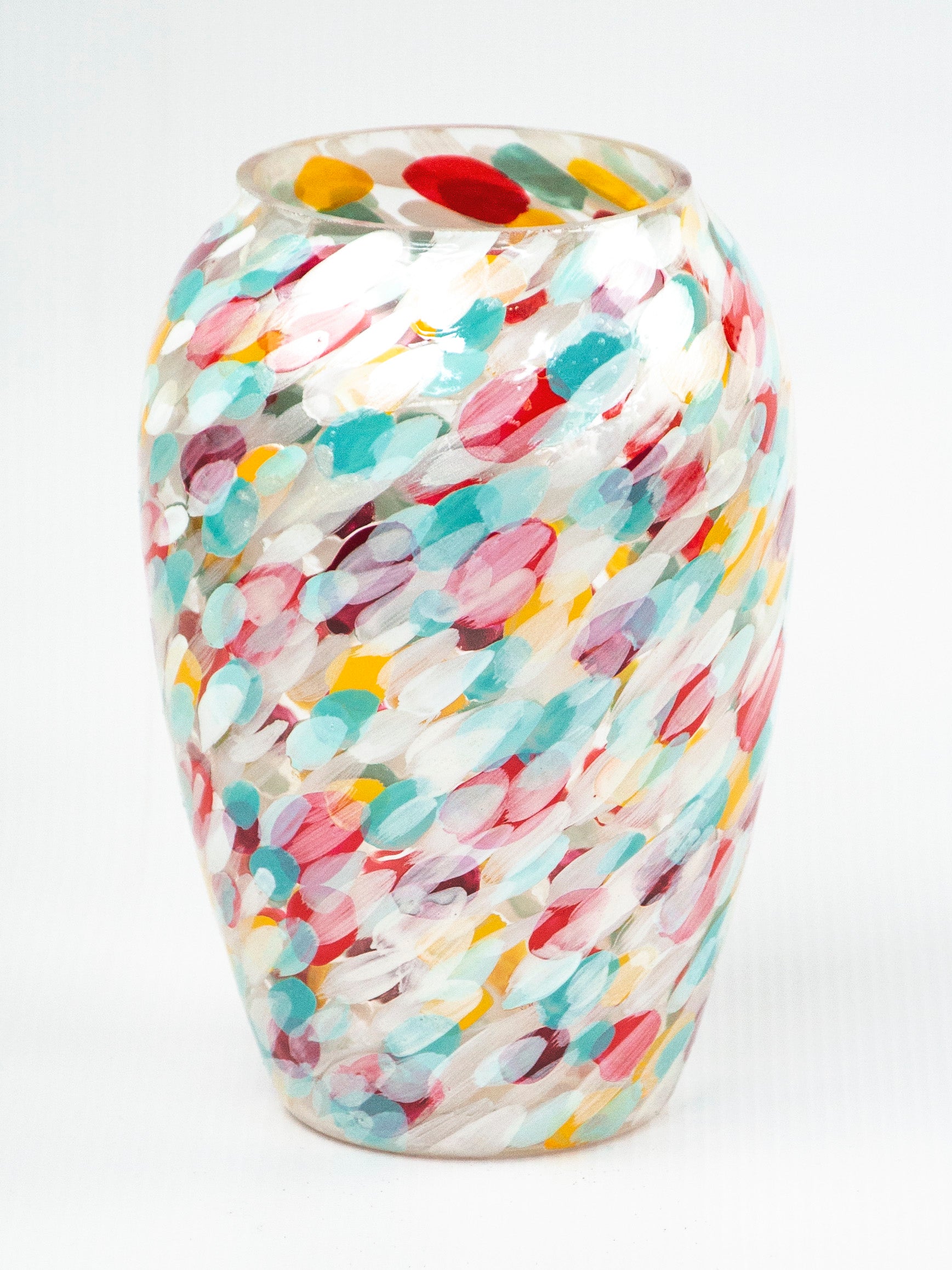 Art Decorative Glass Vase 9381/200/lk306, hand-painted with unique designs, showcasing vibrant colors and intricate patterns.