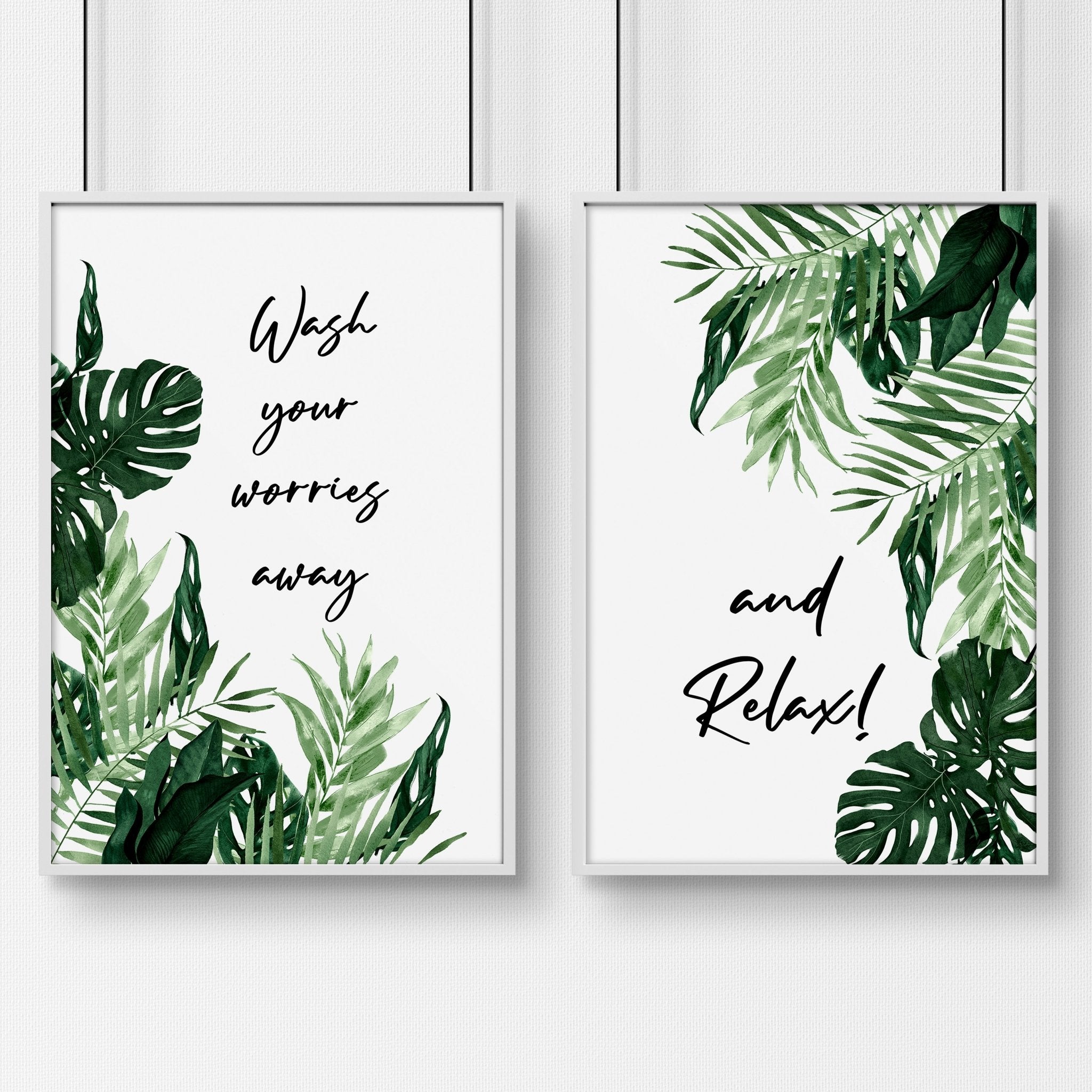 Set of 2 vibrant wall art prints featuring Monstera leaves in watercolour, perfect for bathroom decor.