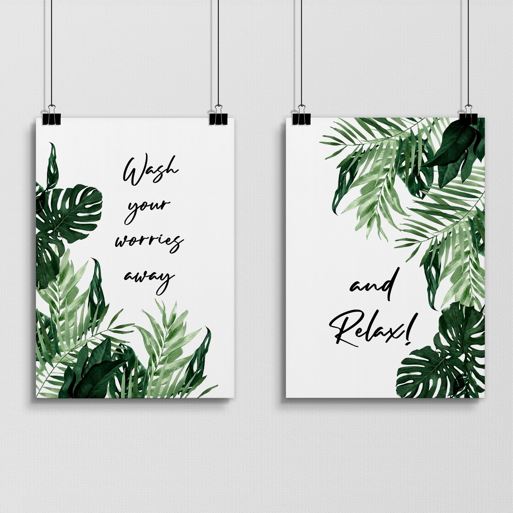 Set of 2 vibrant wall art prints featuring Monstera leaves in watercolour, perfect for bathroom decor.