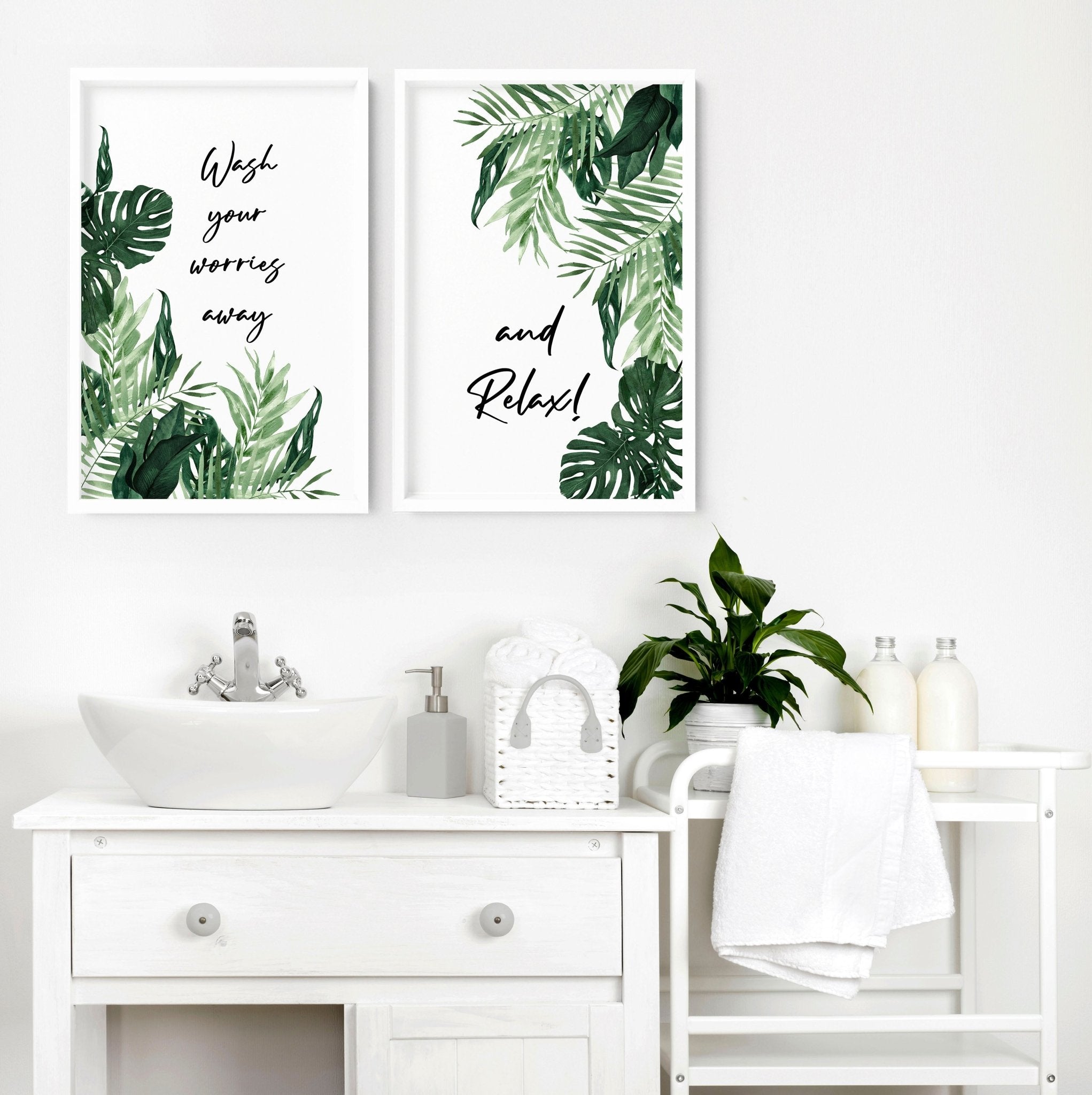 Set of 2 vibrant wall art prints featuring Monstera leaves in watercolour, perfect for bathroom decor.