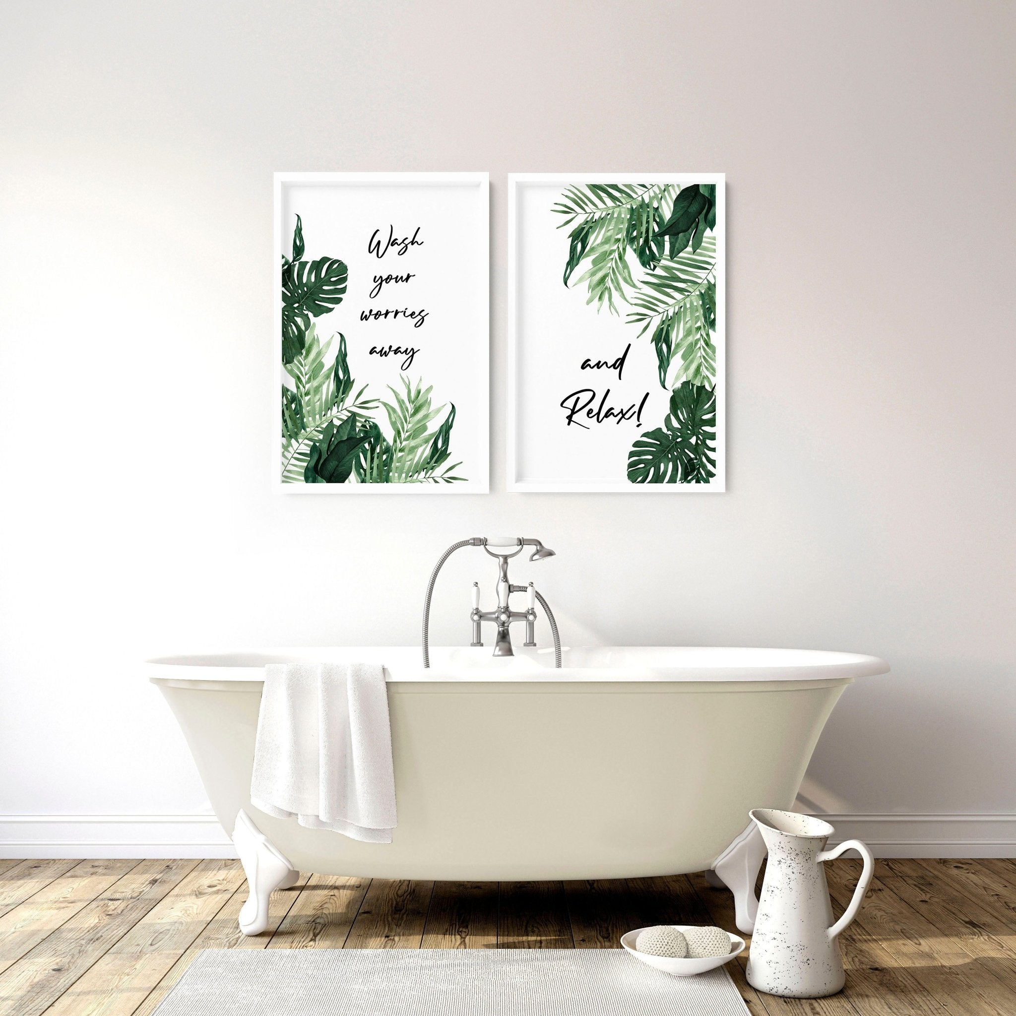 Set of 2 vibrant wall art prints featuring Monstera leaves in watercolour, perfect for bathroom decor.