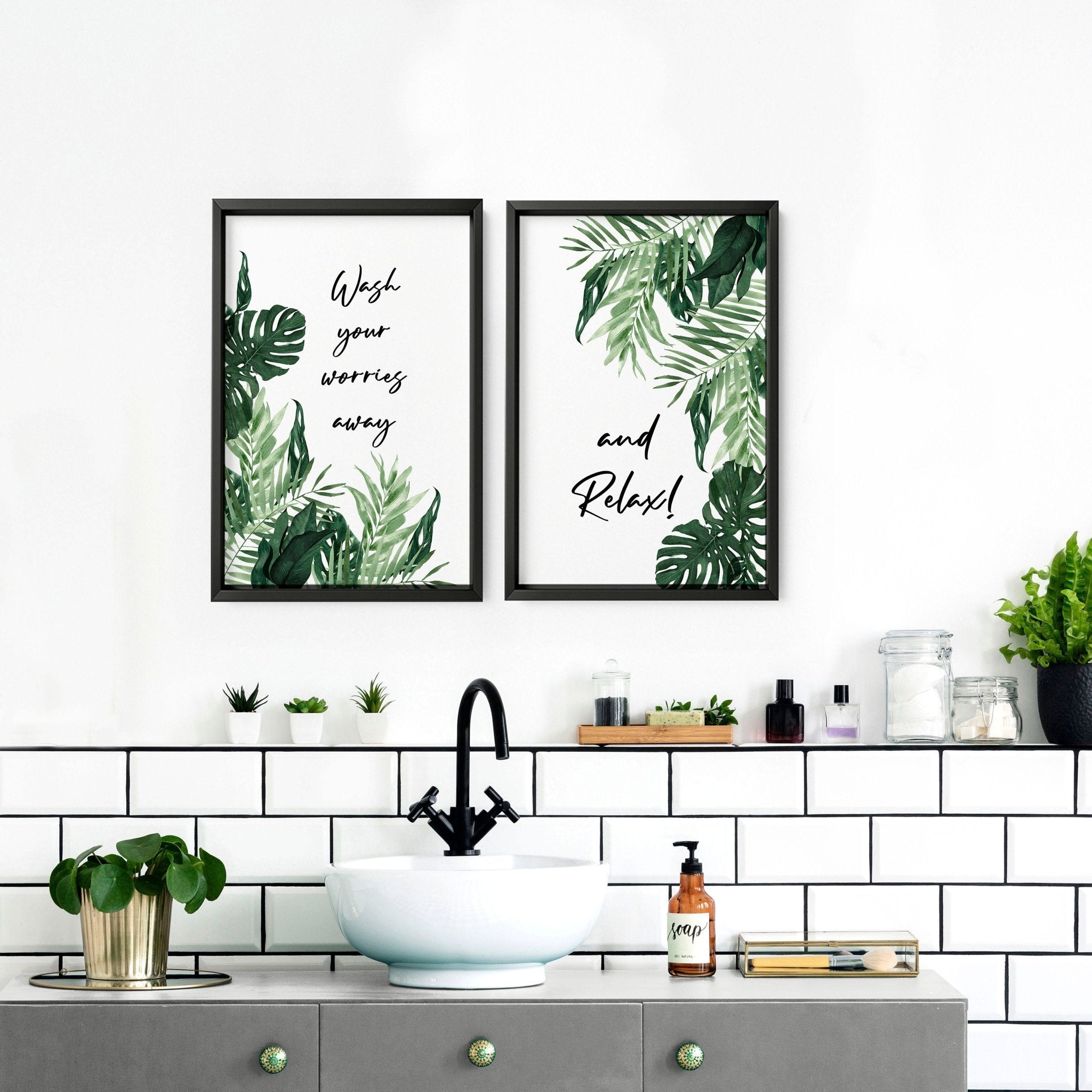 Set of 2 vibrant wall art prints featuring Monstera leaves in watercolour, perfect for bathroom decor.