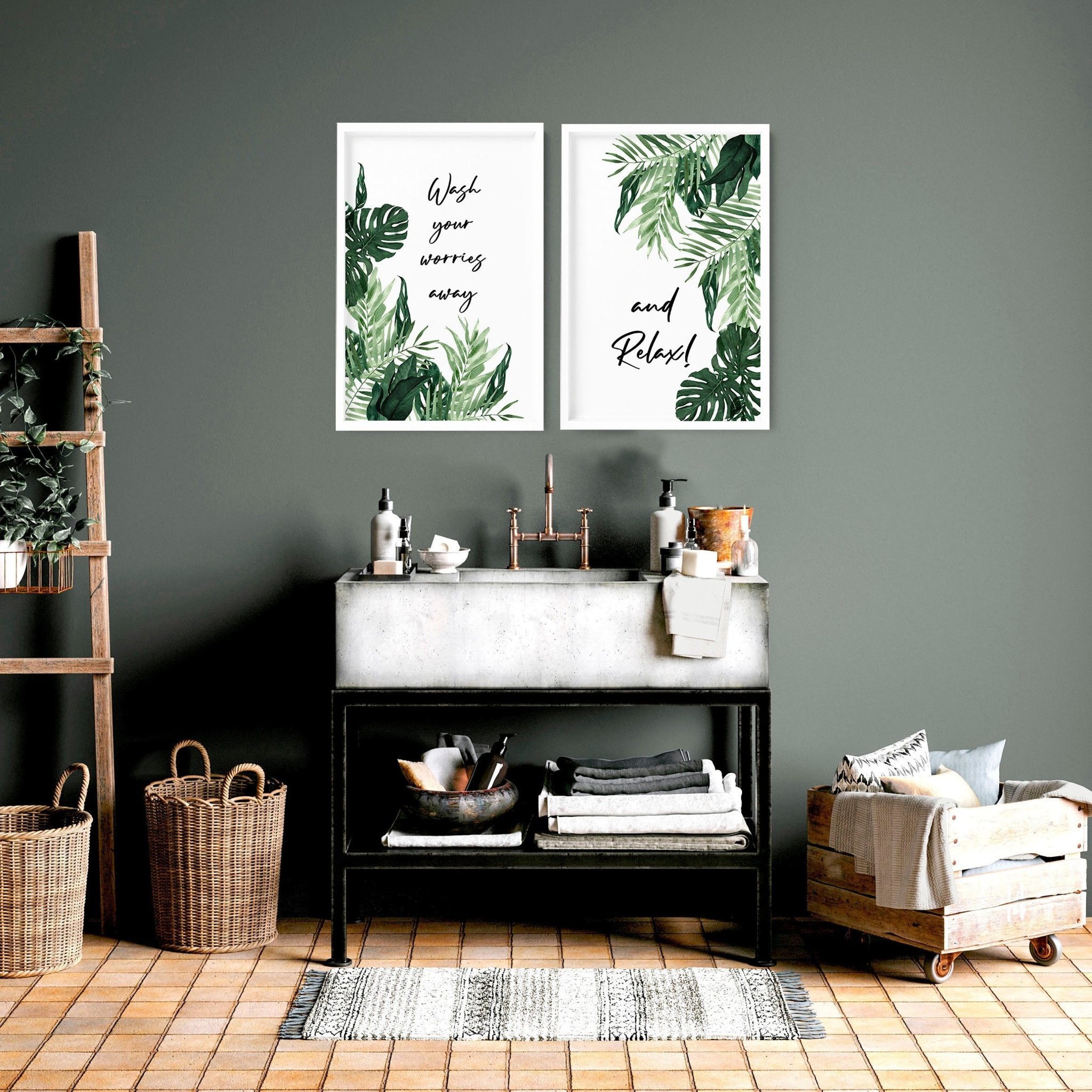 Set of 2 vibrant wall art prints featuring Monstera leaves in watercolour, perfect for bathroom decor.