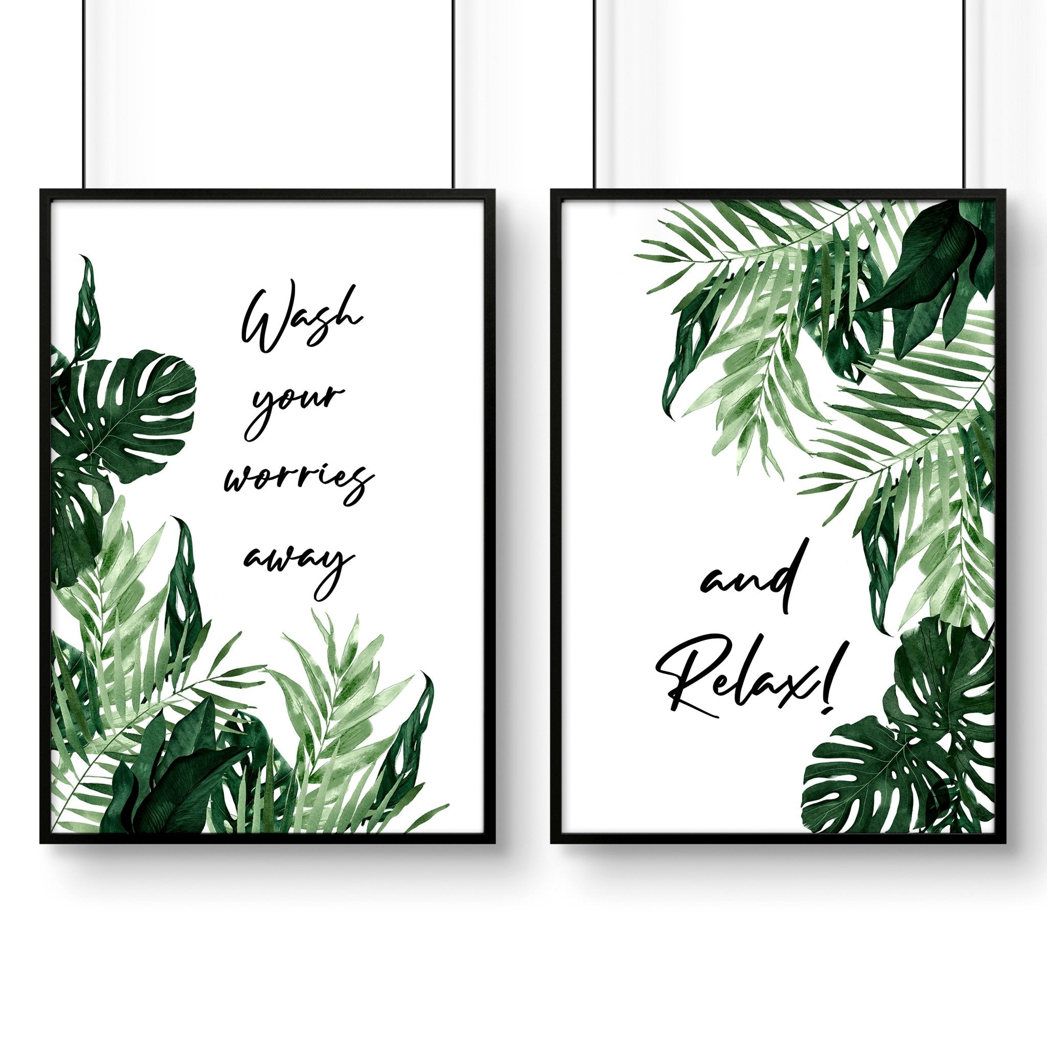 Set of 2 vibrant wall art prints featuring Monstera leaves in watercolour, perfect for bathroom decor.