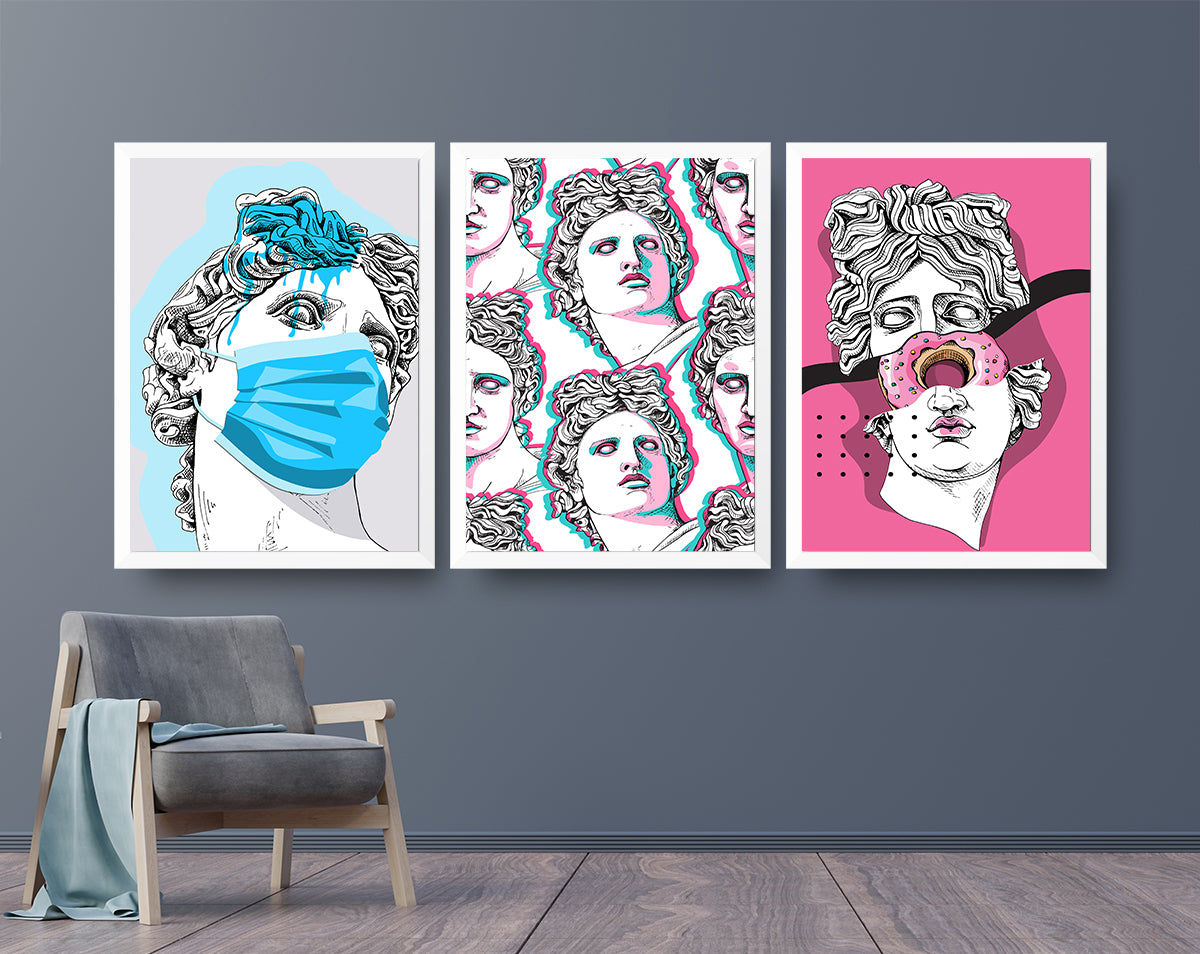 Set of 3 framed prints featuring Greek art, elegantly displayed in two frame colors, ready to hang.