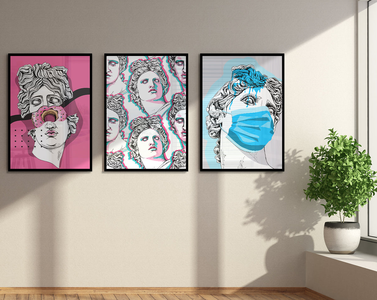 Set of 3 framed prints featuring Greek art, elegantly displayed in two frame colors, ready to hang.