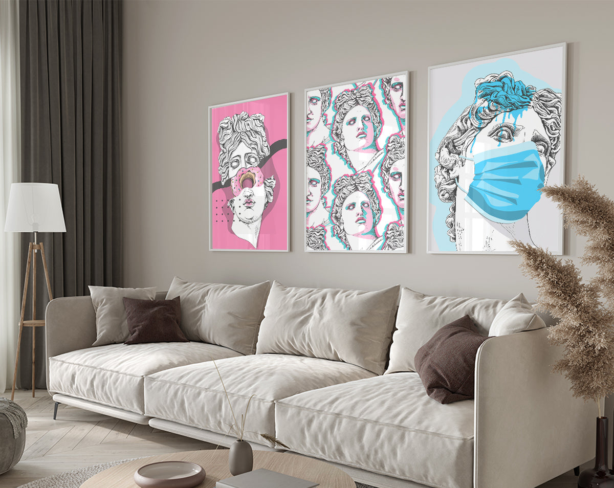 Set of 3 framed prints featuring Greek art, elegantly displayed in two frame colors, ready to hang.