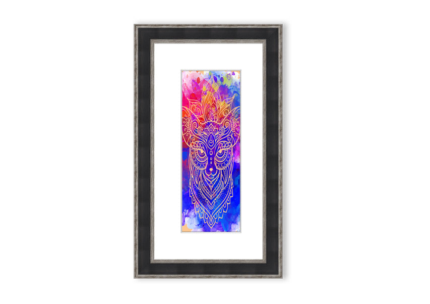 Framed print of a majestic wolf, showcasing intricate details and vibrant colors, available in various frame options.