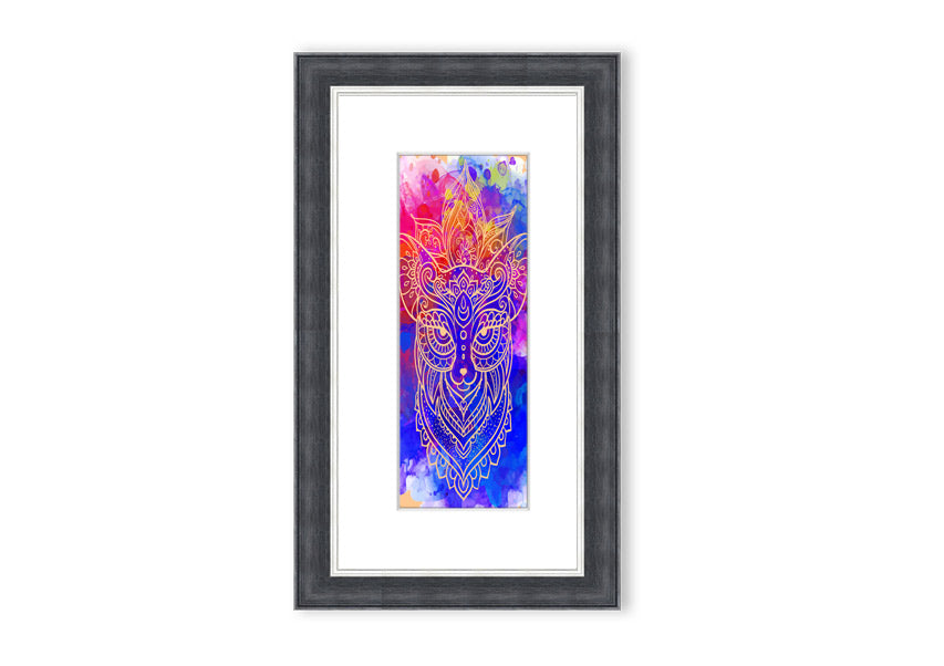 Framed print of a majestic wolf, showcasing intricate details and vibrant colors, available in various frame options.