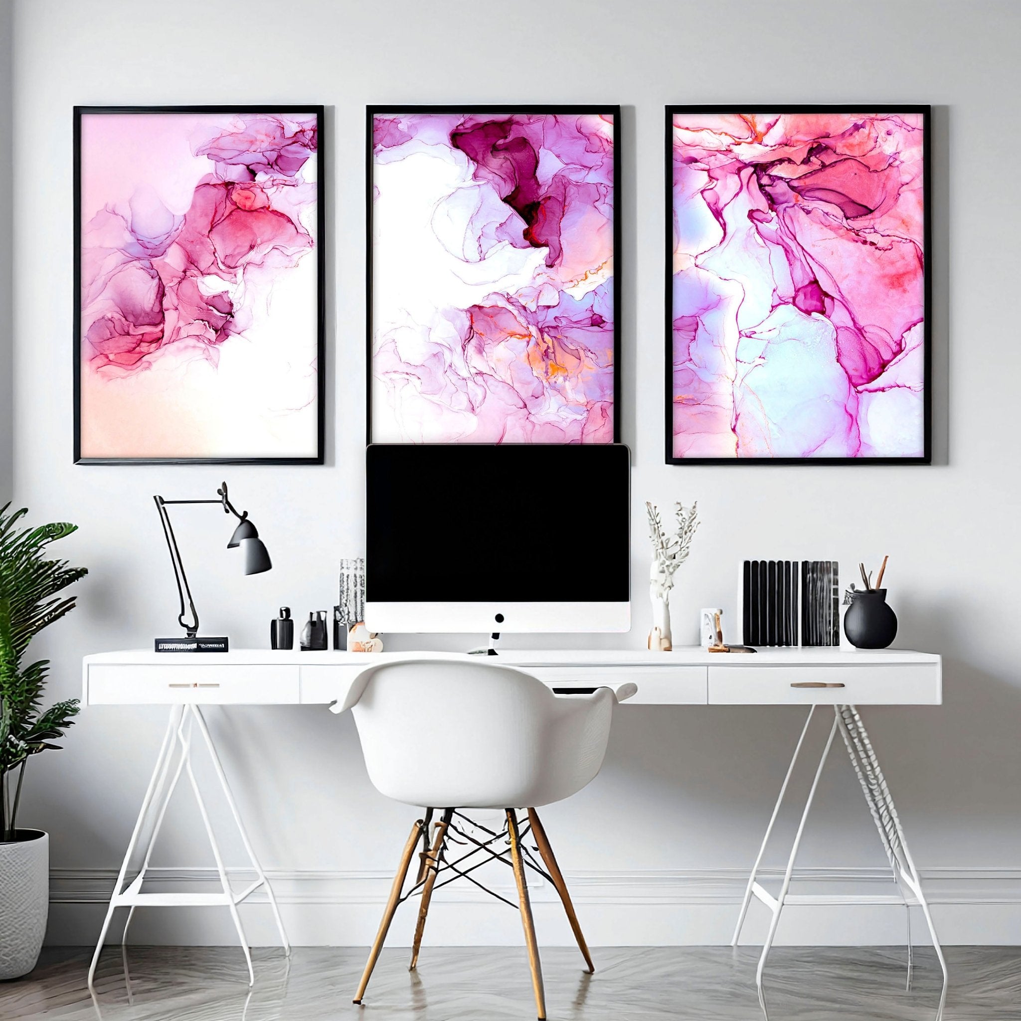 Set of 3 framed abstract wall art prints featuring vibrant Magenta tones and serene whites, perfect for home office decor.