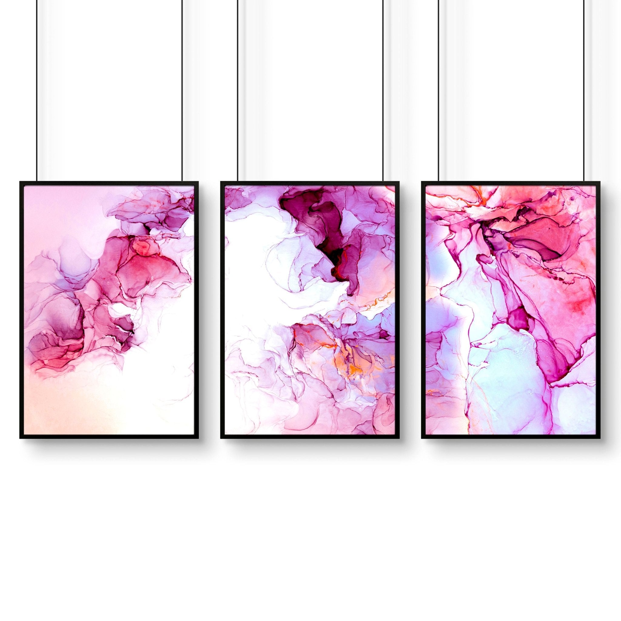 Set of 3 framed abstract wall art prints featuring vibrant Magenta tones and serene whites, perfect for home office decor.