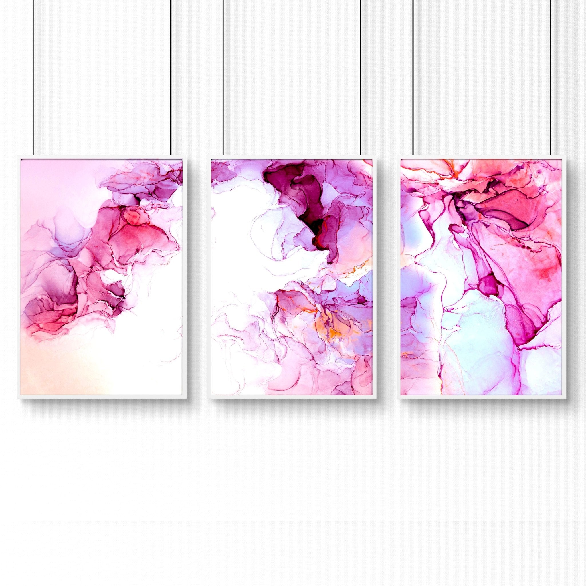 Set of 3 framed abstract wall art prints featuring vibrant Magenta tones and serene whites, perfect for home office decor.